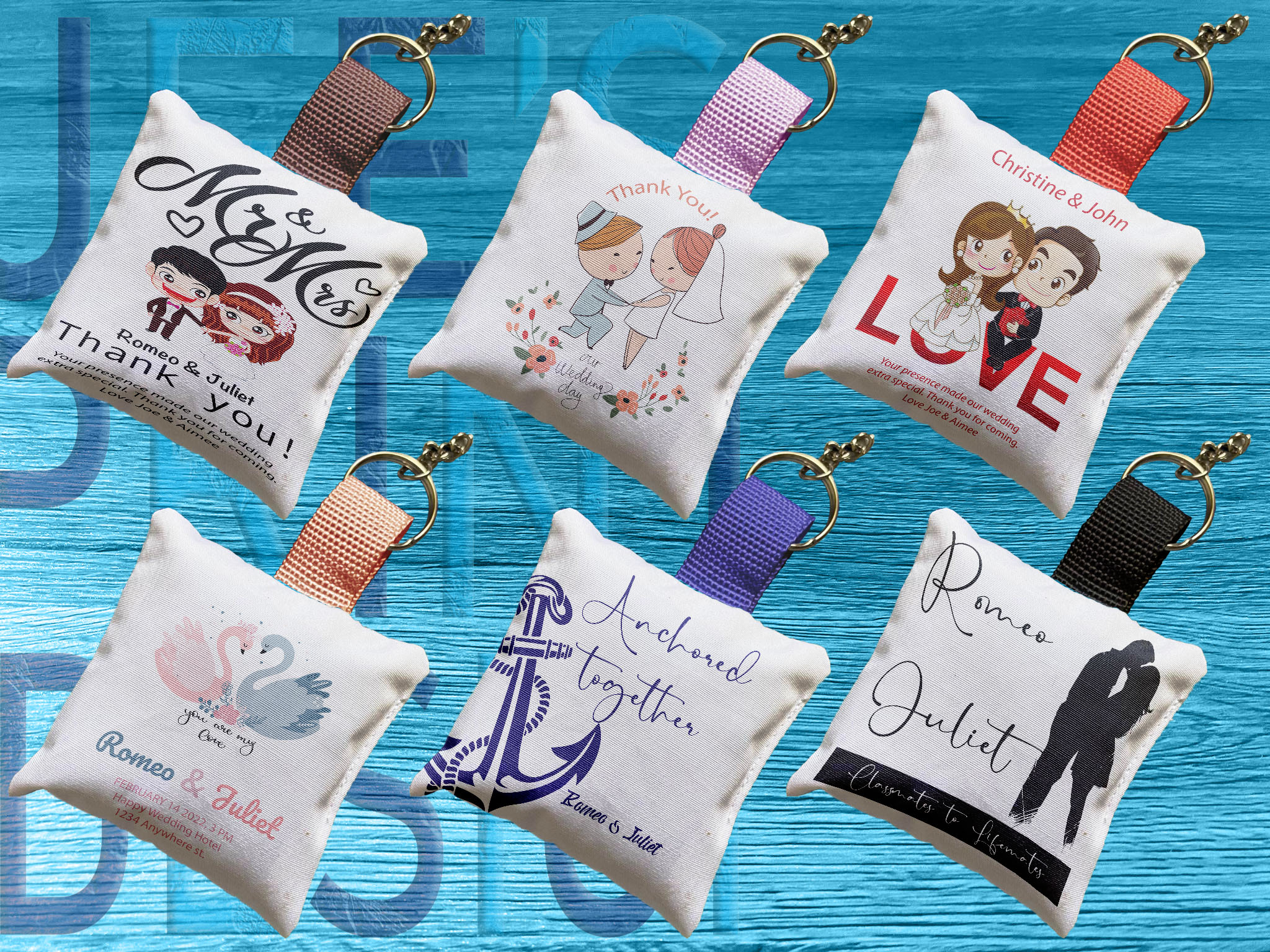 Pillow keychain with custom print, perfect wedding souvenir idea.