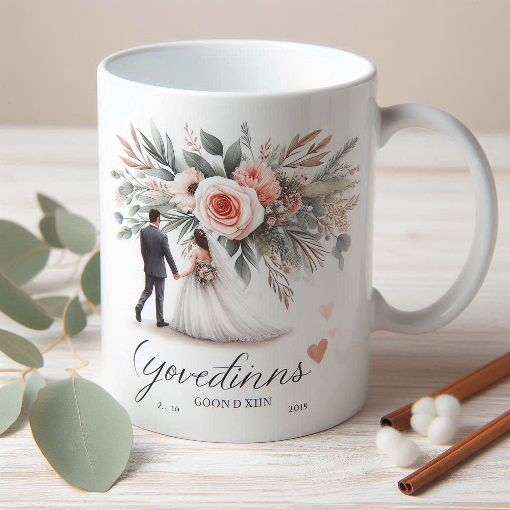 White ceramic mug with custom design, perfect for wedding souvenirs.