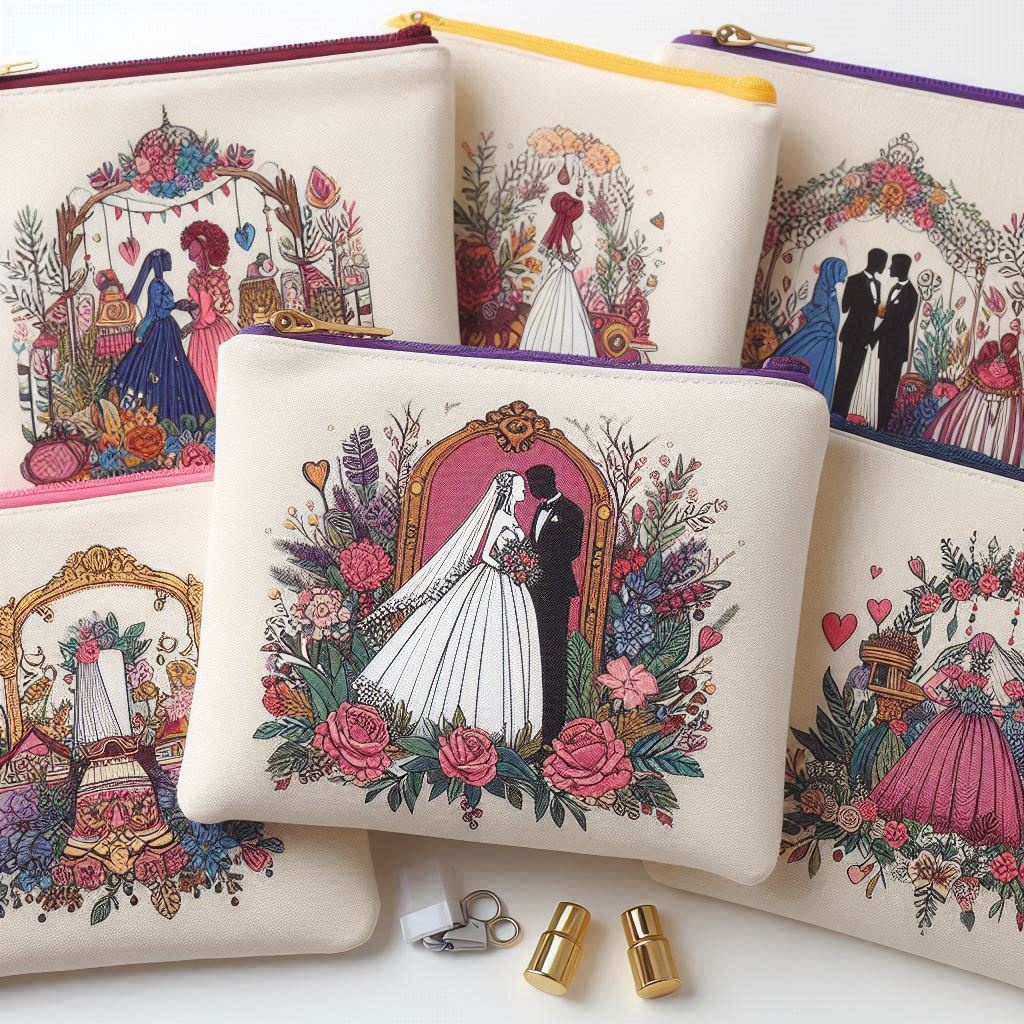 Set of zip pouches with customized designs, perfect as wedding souvenirs.