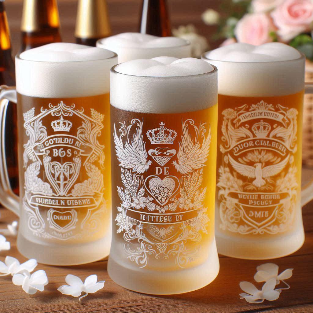 Frosted beer mug with customized design, ideal as a wedding souvenir.