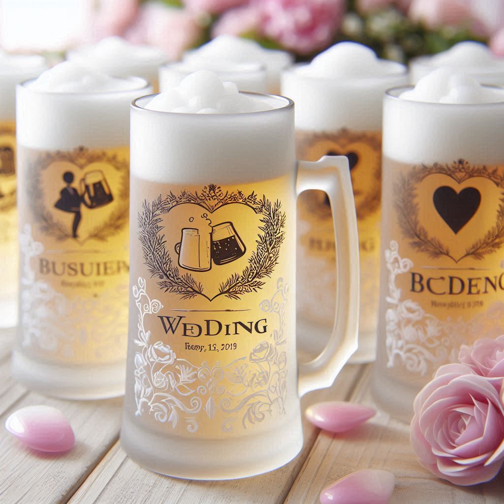 Frosted beer mug with customized design, ideal as a wedding souvenir.