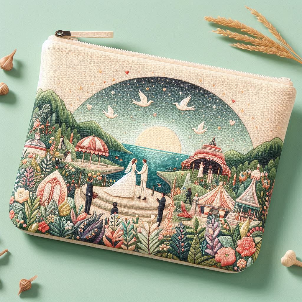 Zip pouch with customized designs, perfect as wedding souvenirs.