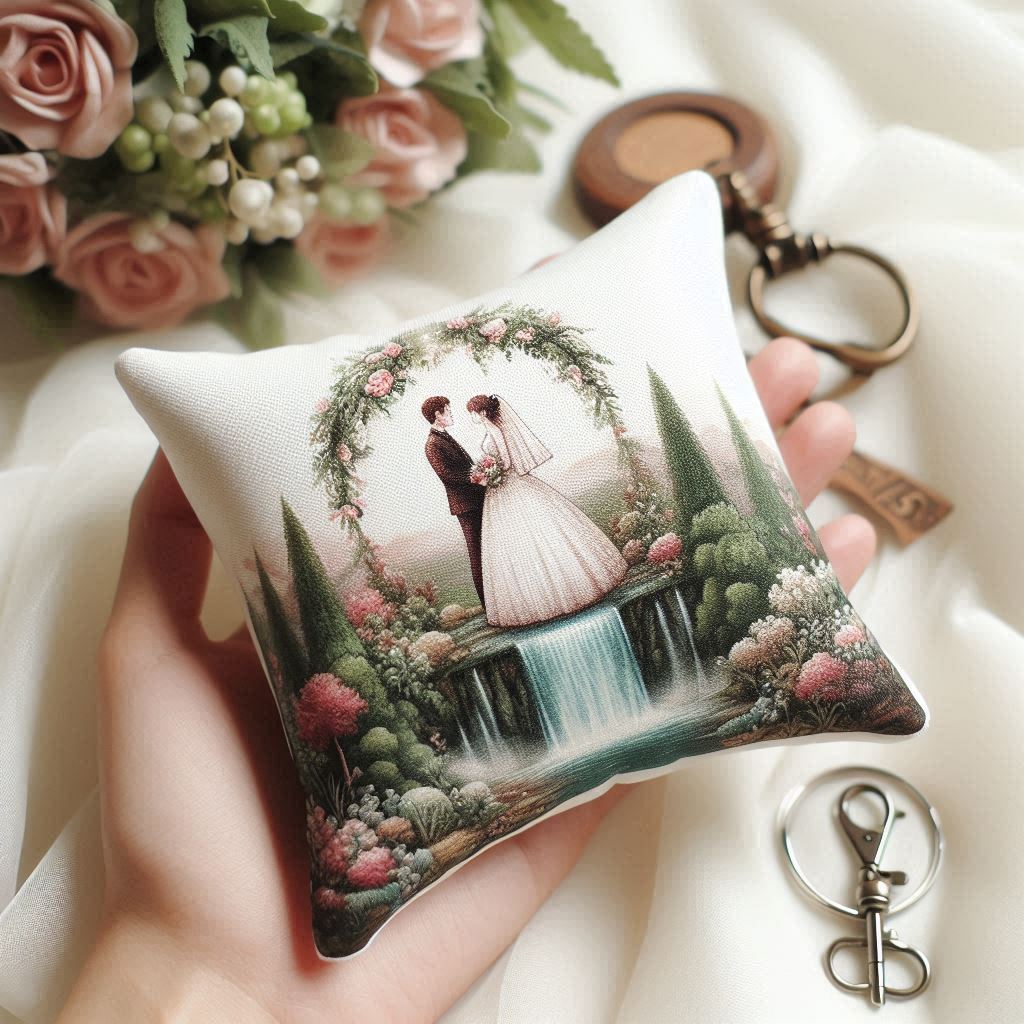 Pillow keychain with custom print, perfect wedding souvenir idea.