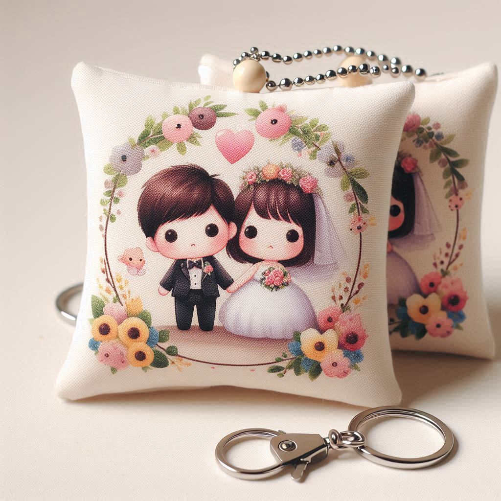 Pillow keychain with custom print, perfect wedding souvenir idea.