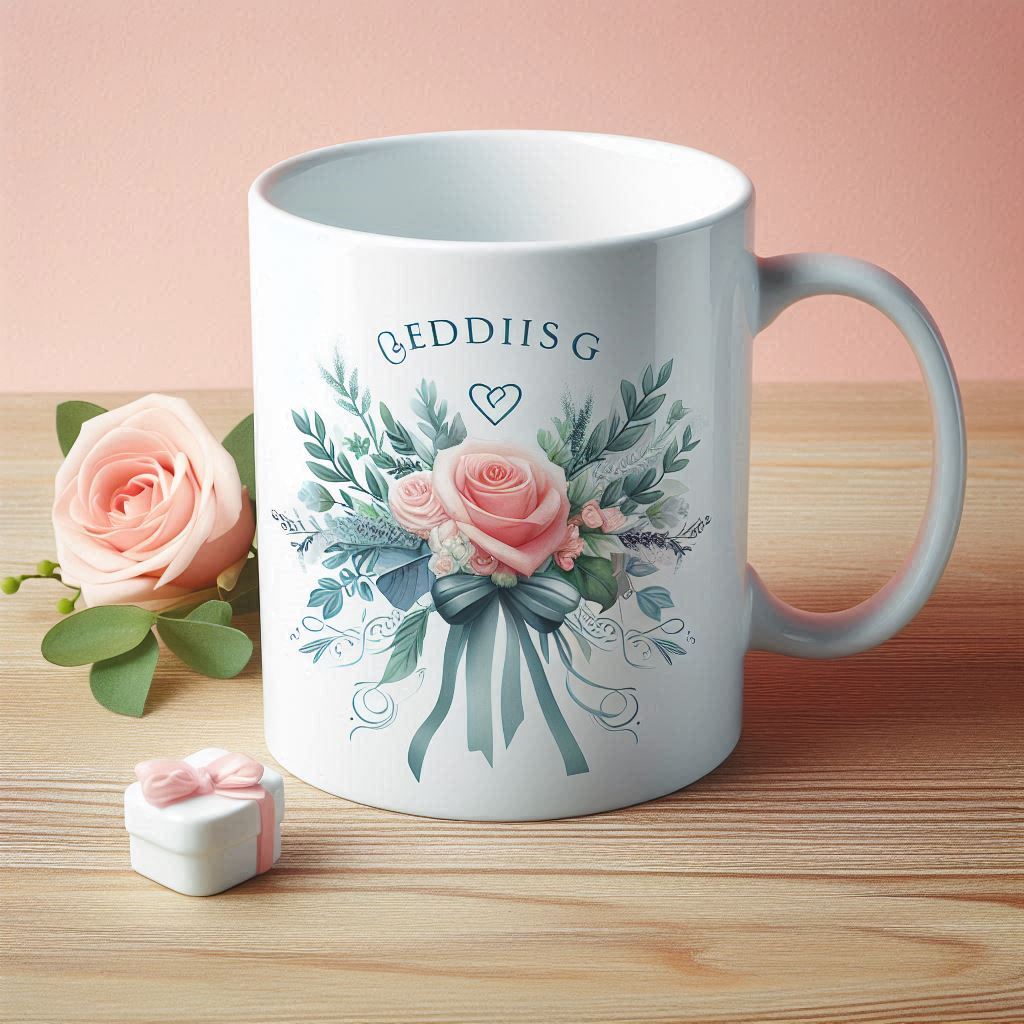 White ceramic mug with custom design, perfect for wedding souvenirs.