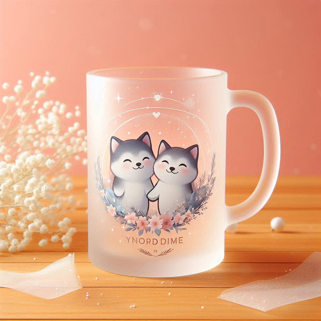 Frosted glass mug with custom design, perfect for wedding souvenirs.