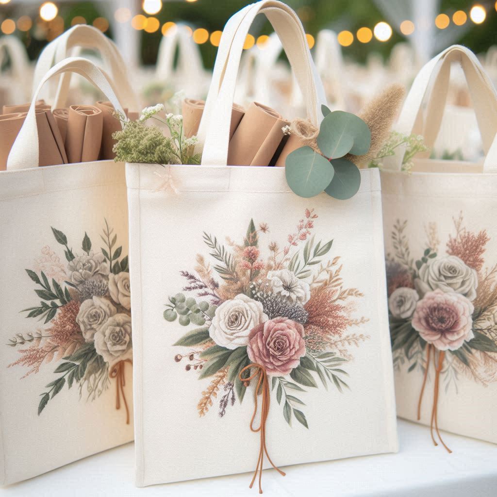 White canvas tote bag with custom logo, perfect for wedding souvenirs.