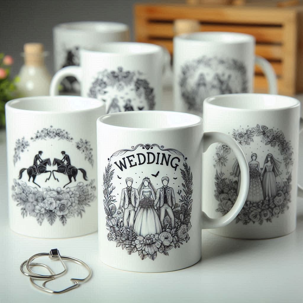 White ceramic mug with custom design, perfect for wedding souvenirs.