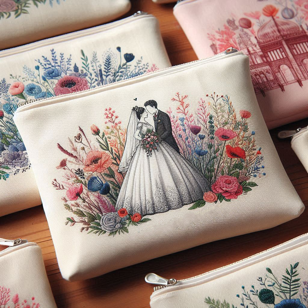 Set of zip pouches with customized designs, perfect as wedding souvenirs.