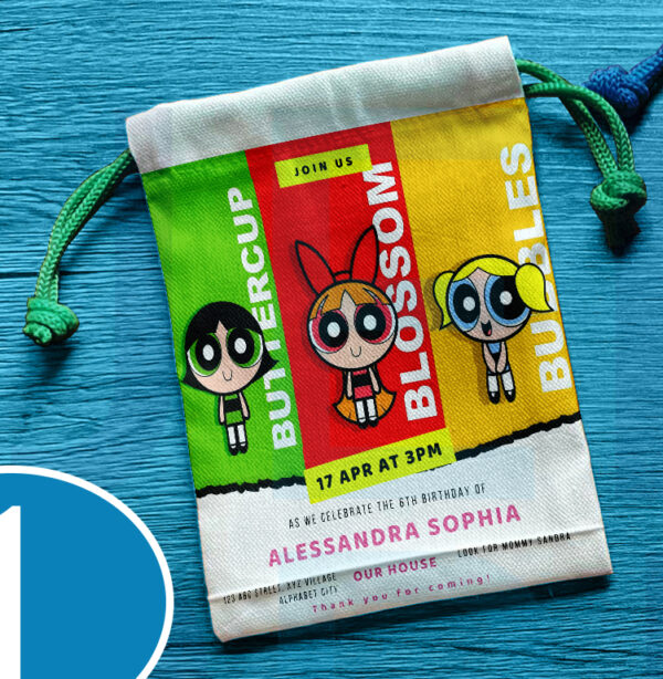 Canvas drawstring pouch with Powerpuff Girls design, perfect for birthday souvenirs and giveaways.