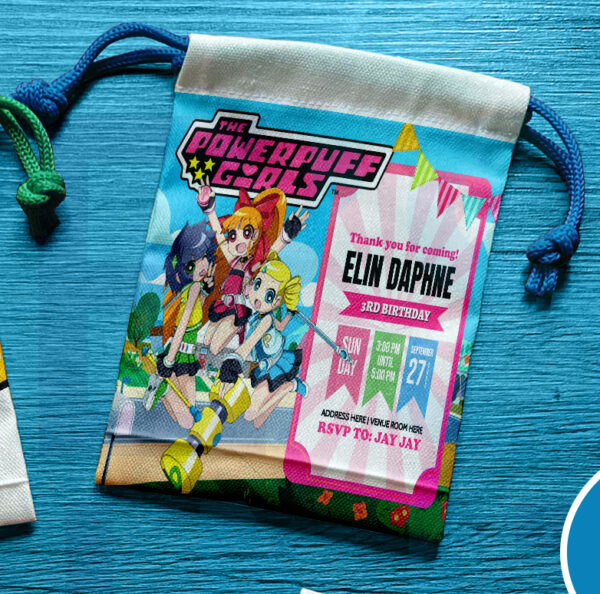 Canvas drawstring pouch with Powerpuff Girls design, perfect for birthday souvenirs and giveaways.