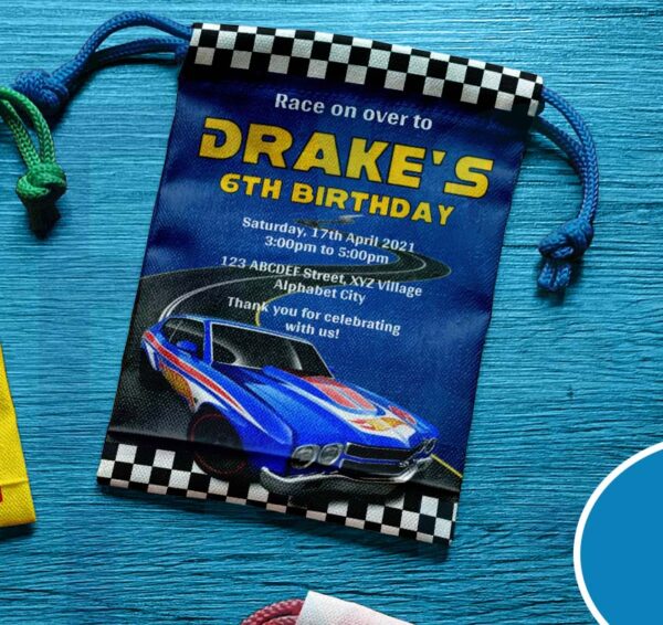 Canvas drawstring pouch with Hot Wheels design, perfect for birthday souvenirs and giveaways.