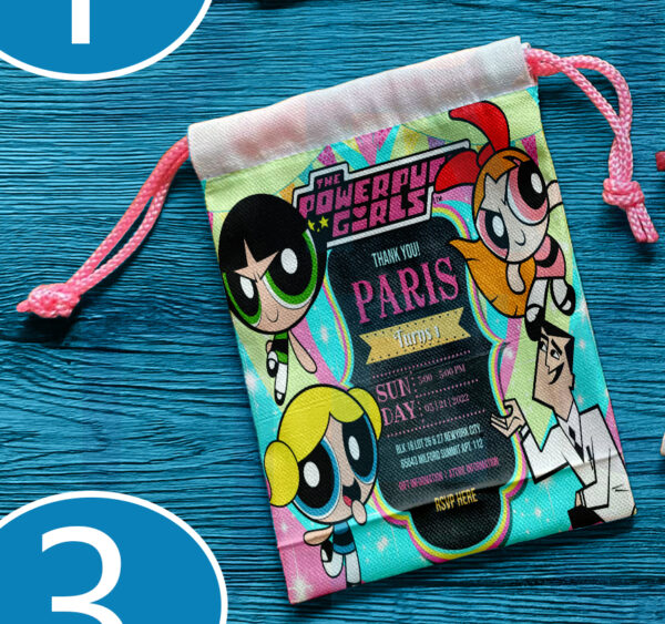 Canvas drawstring pouch with Powerpuff Girls design, perfect for birthday souvenirs and giveaways.