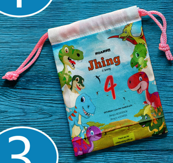 Canvas drawstring pouch with dinosaur design, perfect for birthday souvenirs and giveaways.