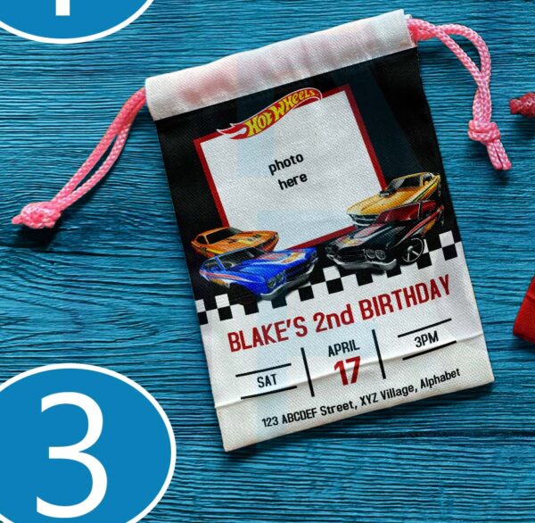 Canvas drawstring pouch with Hot Wheels design, perfect for birthday souvenirs and giveaways.