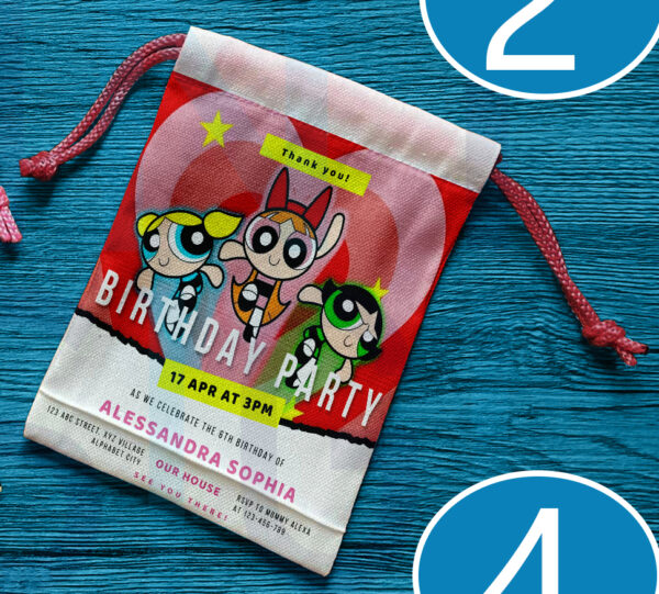 Canvas drawstring pouch with Powerpuff Girls design, perfect for birthday souvenirs and giveaways.