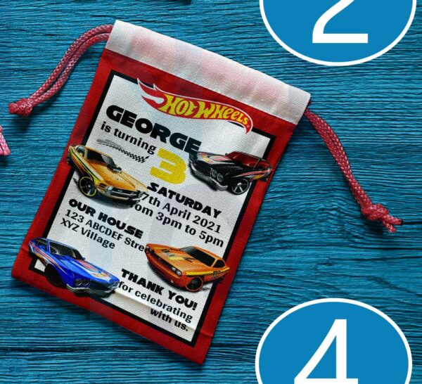 Canvas drawstring pouch with Hot Wheels design, perfect for birthday souvenirs and giveaways.