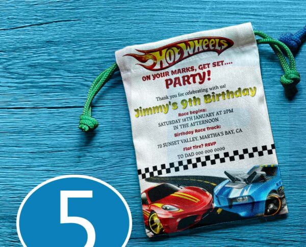 Canvas drawstring pouch with Hot Wheels design, perfect for birthday souvenirs and giveaways.