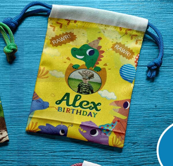 Canvas drawstring pouch with dinosaur design, perfect for birthday souvenirs and giveaways.