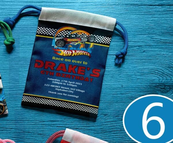 Canvas drawstring pouch with Hot Wheels design, perfect for birthday souvenirs and giveaways.