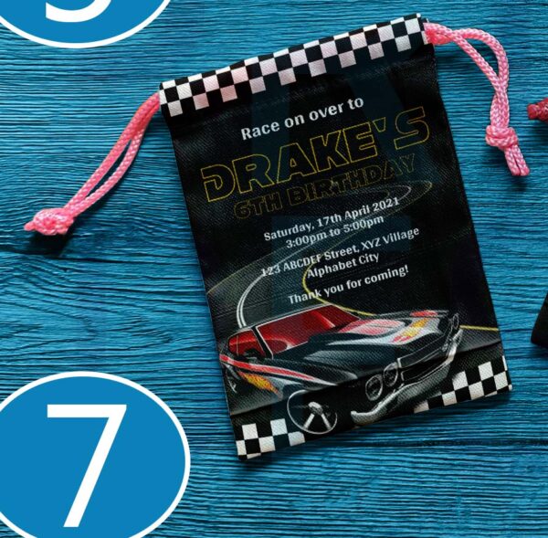 Canvas drawstring pouch with Hot Wheels design, perfect for birthday souvenirs and giveaways.