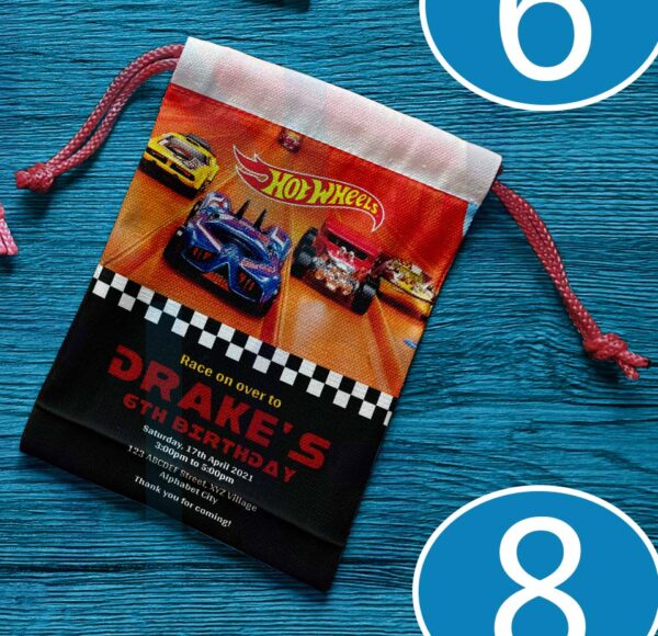 Canvas drawstring pouch with Hot Wheels design, perfect for birthday souvenirs and giveaways.