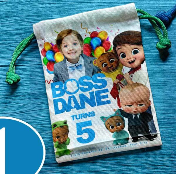 Canvas drawstring pouch with Boss Baby design, perfect for birthday souvenirs and giveaways.