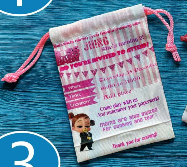 Canvas drawstring pouch with Boss Baby design, perfect for birthday souvenirs and giveaways.