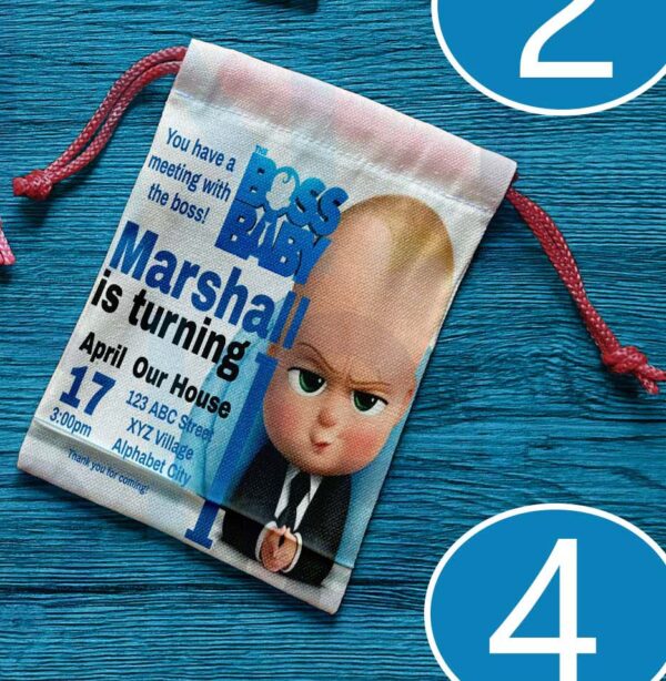 Canvas drawstring pouch with Boss Baby design, perfect for birthday souvenirs and giveaways.