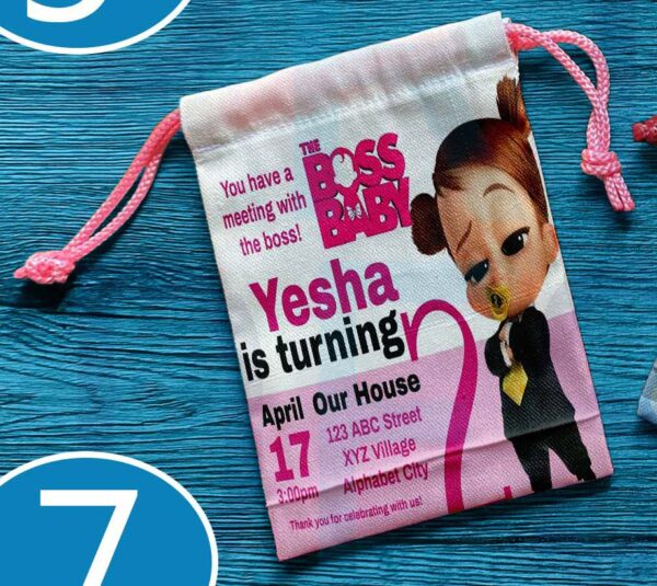 Canvas drawstring pouch with Boss Baby design, perfect for birthday souvenirs and giveaways.