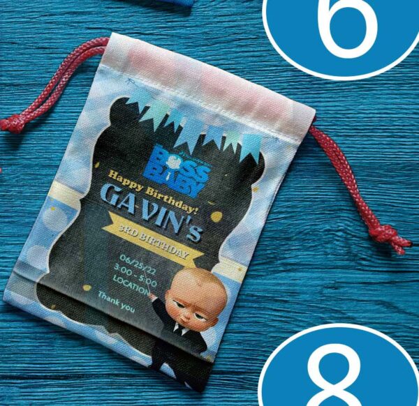 Canvas drawstring pouch with Boss Baby design, perfect for birthday souvenirs and giveaways.