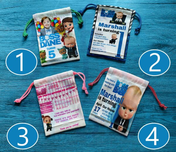 Canvas drawstring pouch with Boss Baby design, perfect for birthday souvenirs and giveaways.