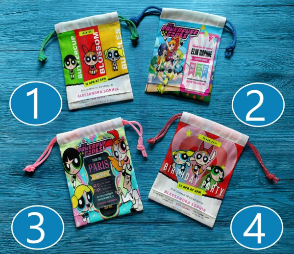 Canvas drawstring pouch with Powerpuff Girls design, perfect for birthday souvenirs and giveaways.