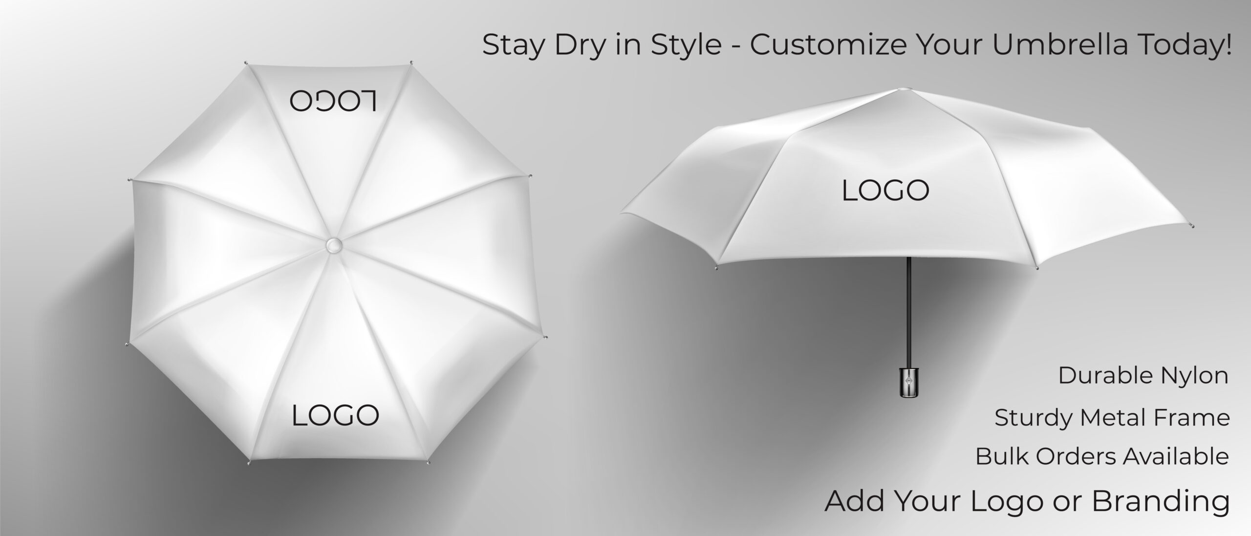 Customized J Umbrella with durable nylon fabric, metal frame, and dotted plastic J-handle. Available for bulk orders.