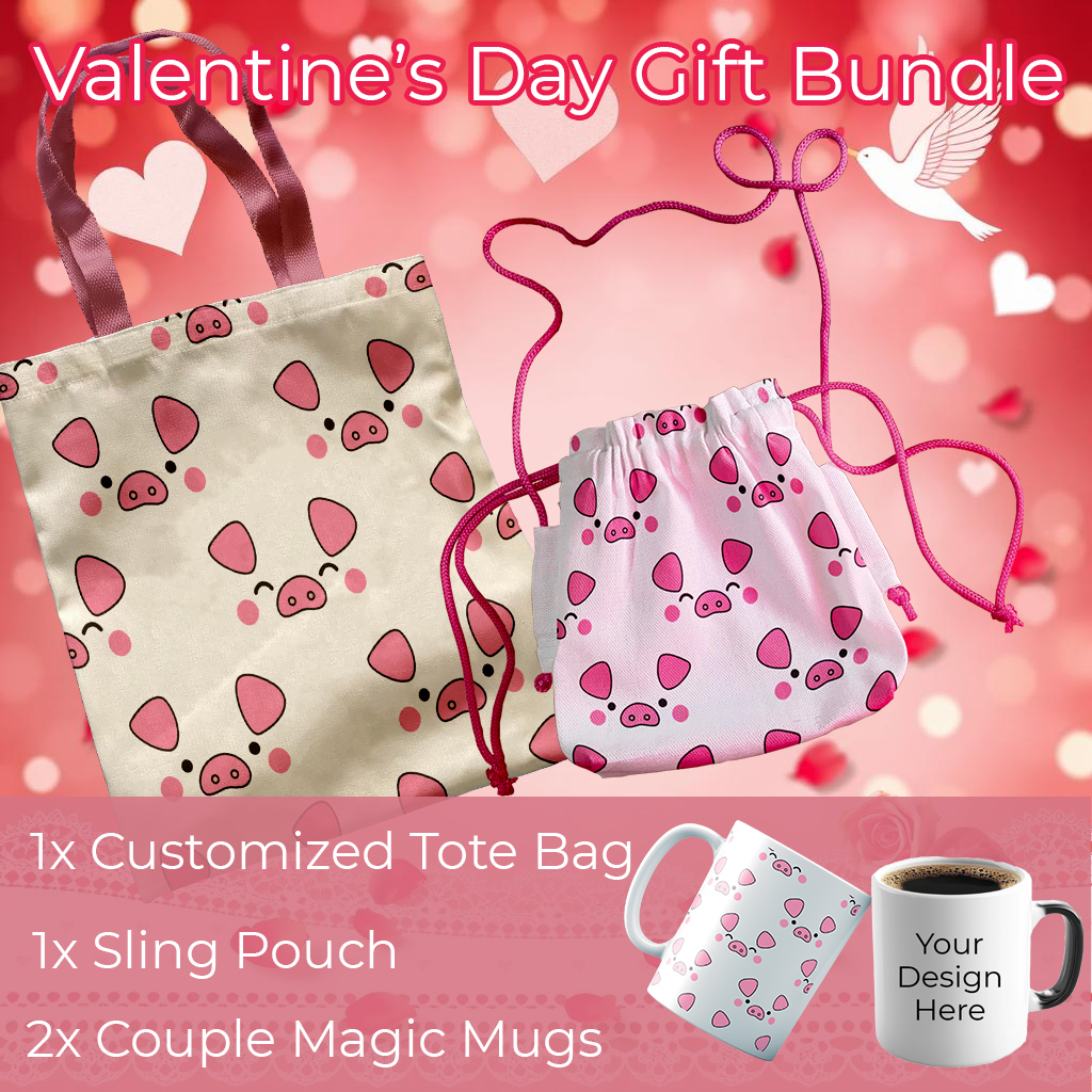 Valentine’s Day Gift Set with Personalized Tote Bag, Sling Pouch, and Magic Mugs