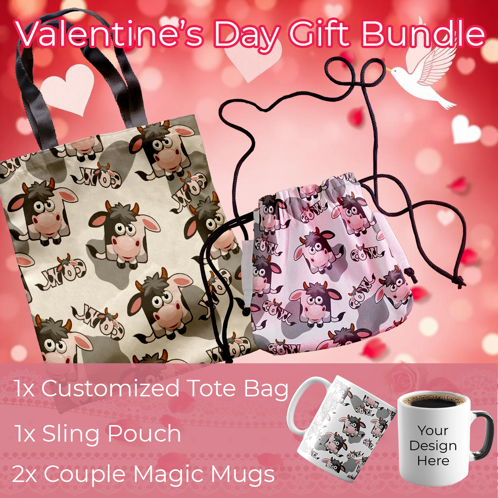 Valentine’s Day Gift Set with Personalized Tote Bag, Sling Pouch, and Magic Mugs