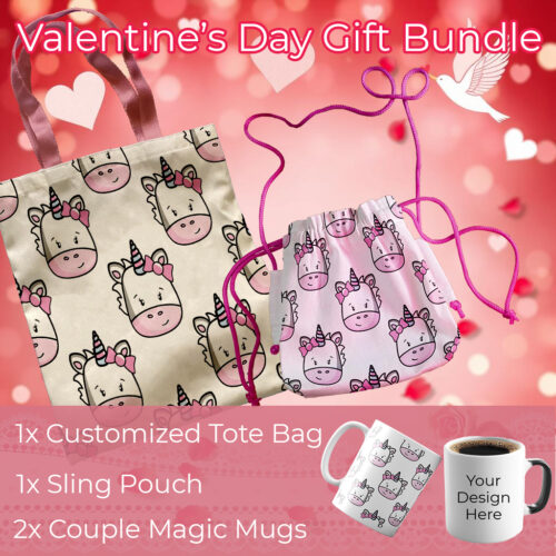 Valentine’s Day Gift Set with Personalized Tote Bag, Sling Pouch, and Magic Mugs