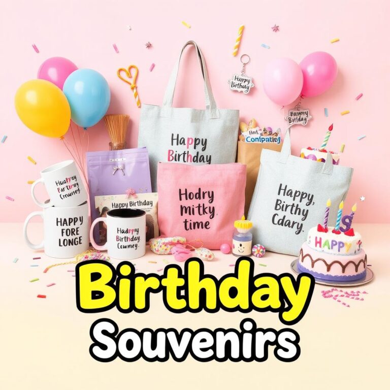 Personalized birthday souvenirs and gifts, including custom mugs, tote bags, keychains, and party-themed items with balloons, confetti, and a birthday cake.