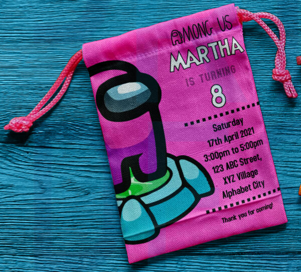 Canvas drawstring pouch with Among Us design, perfect for birthday souvenirs and giveaways.