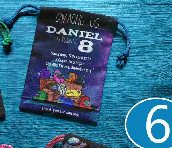 Canvas drawstring pouch with Among Us design, perfect for birthday souvenirs and giveaways.