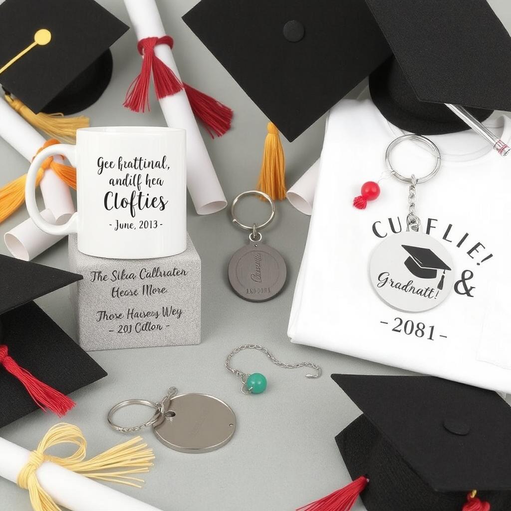 Personalized Graduation Gifts Including Mugs, Keychains, and Shirts