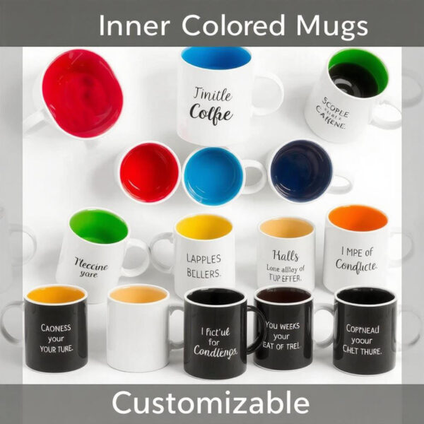 White ceramic inner colored mugs with vibrant interiors, customizable with logos, messages, or designs for gifts and giveaways.