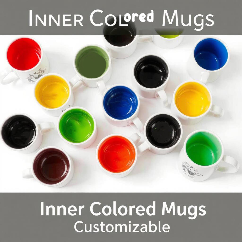 White ceramic inner colored mugs with vibrant interiors, customizable with logos, messages, or designs for gifts and giveaways.