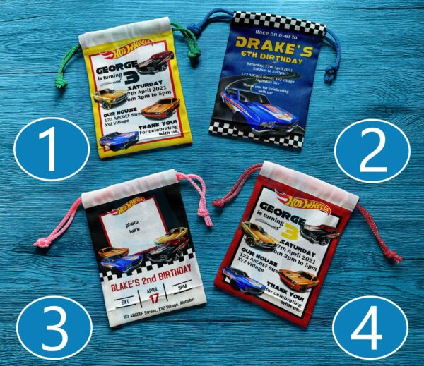 Canvas drawstring pouch with Hot Wheels design, perfect for birthday souvenirs and giveaways.