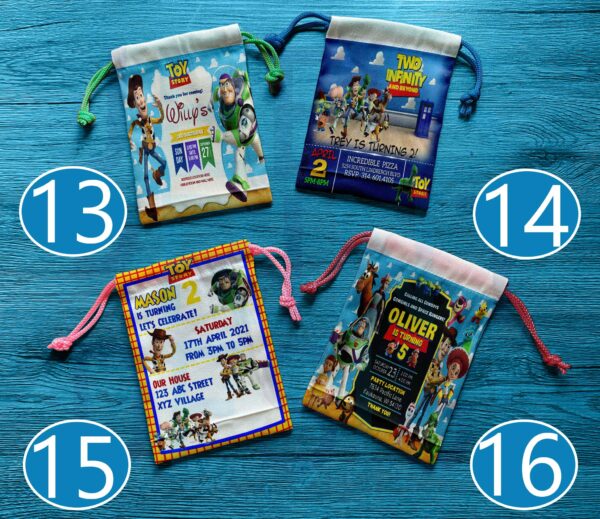 Canvas drawstring pouch with Toy Story design, perfect for birthday souvenirs and giveaways.