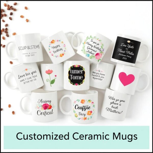 Customized ceramic white mugs with vibrant designs, perfect for events like weddings, birthdays, corporate giveaways, and daily use.