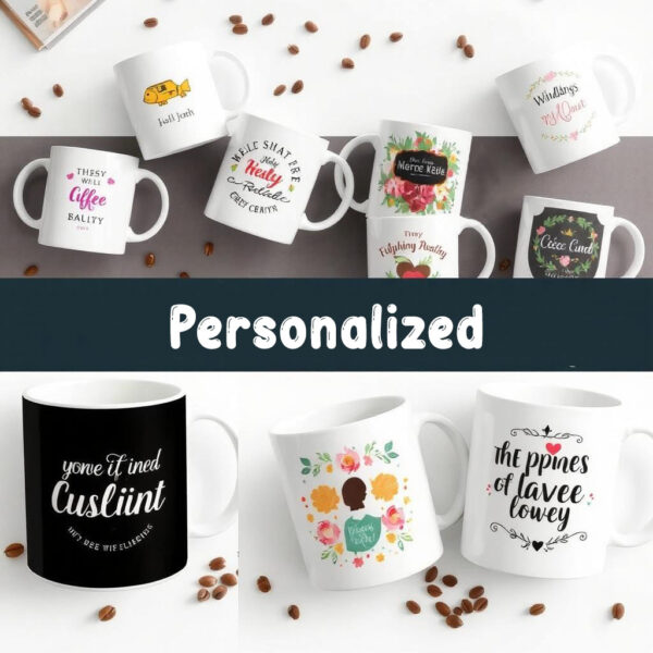 Customized ceramic white mugs with vibrant designs, perfect for events like weddings, birthdays, corporate giveaways, and daily use.