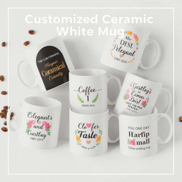 Customized ceramic white mugs with vibrant designs, perfect for events like weddings, birthdays, corporate giveaways, and daily use.