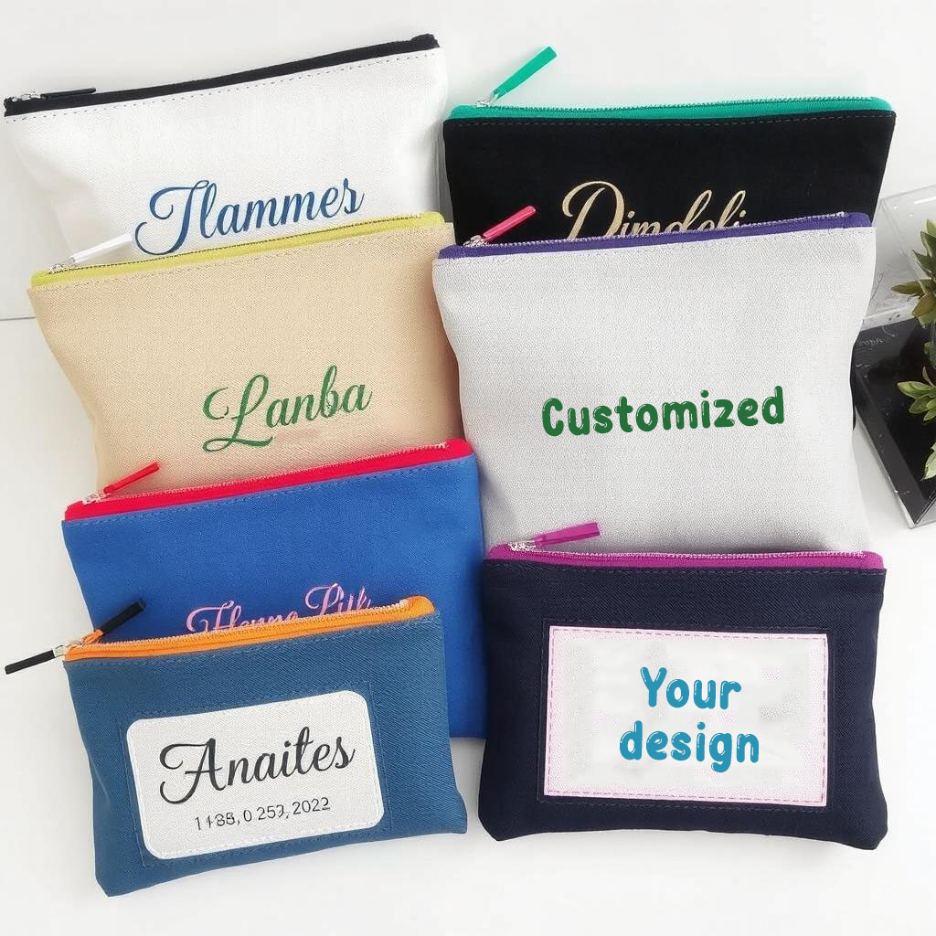 Customized zip pouches made from canvas or clothman fabrics with colorful zippers, personalized with unique designs, perfect for giveaways or events