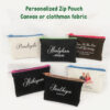 Customized zip pouches made from canvas or clothman fabrics with colorful zippers, personalized with unique designs, perfect for giveaways or events